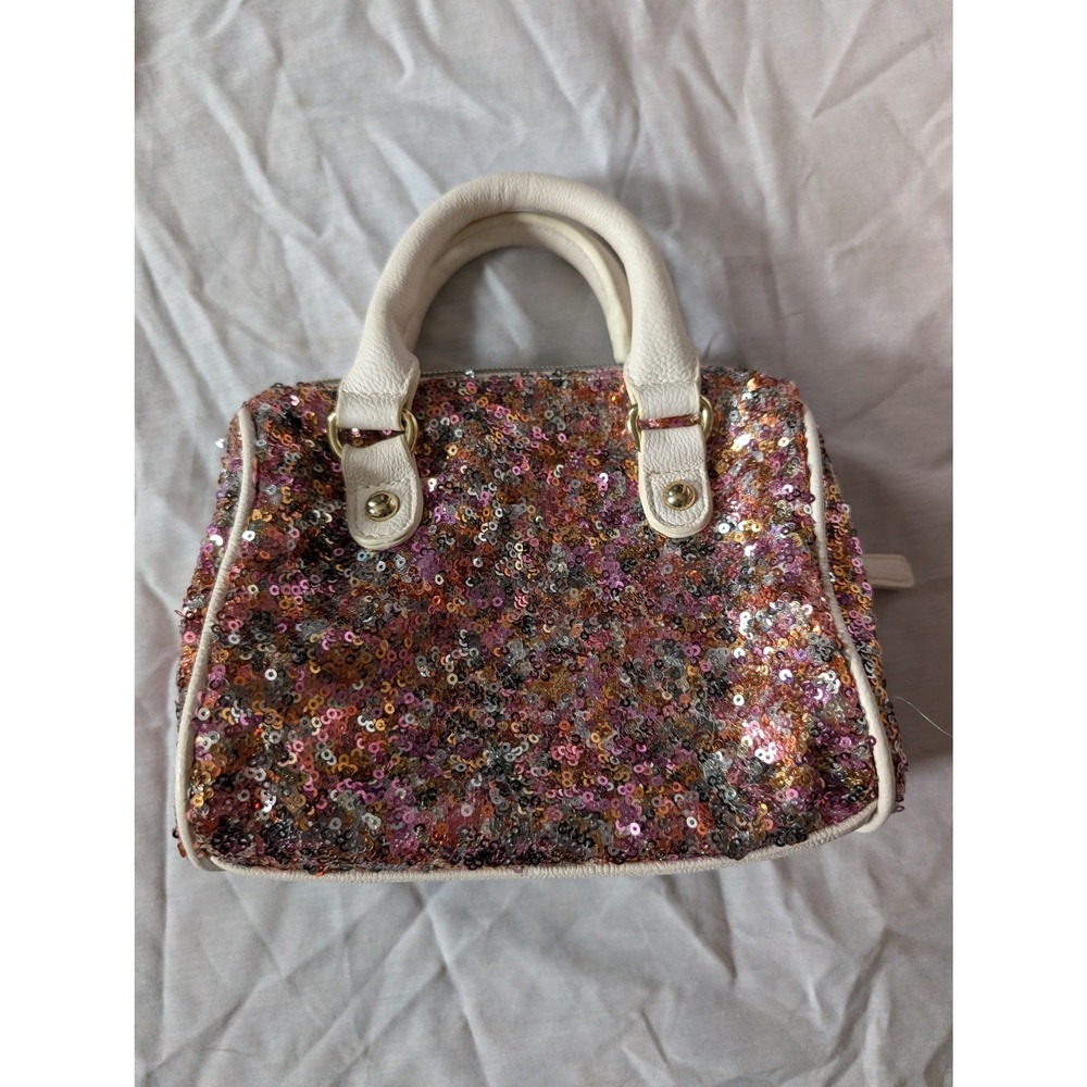 Betsey Johnson Sequin Bow Heart Charm Satchel Handbag Pink Gold Multi Color - Picture 3 of 6